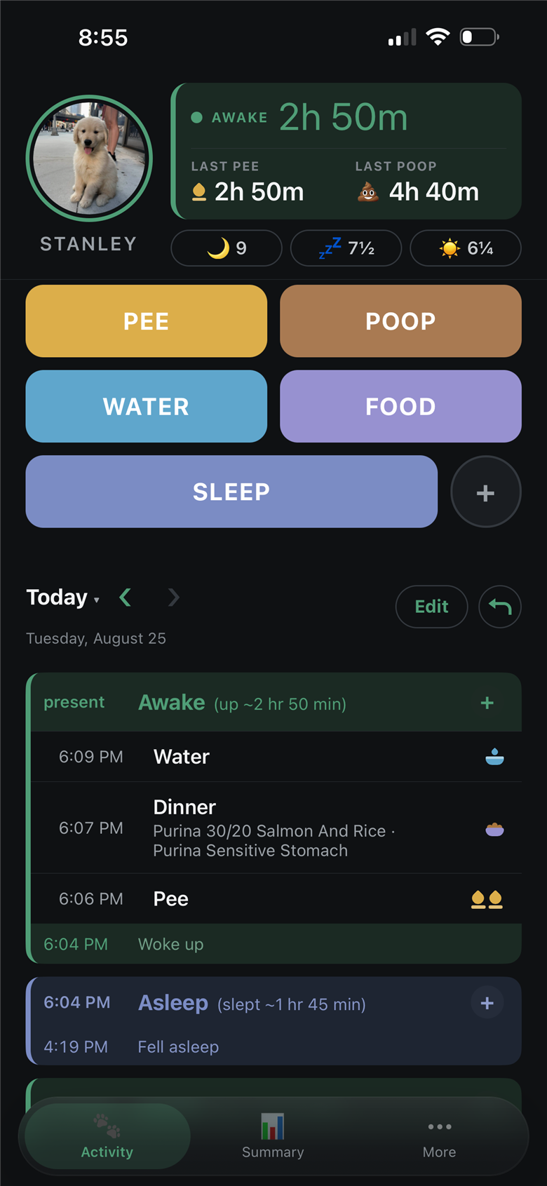 TanStan's home screen: Stanley is awake 2 h 50 m, last pee 2 h 50 m ago, last poop 4 h 40 m ago, with one-tap log buttons and the day's feed below.